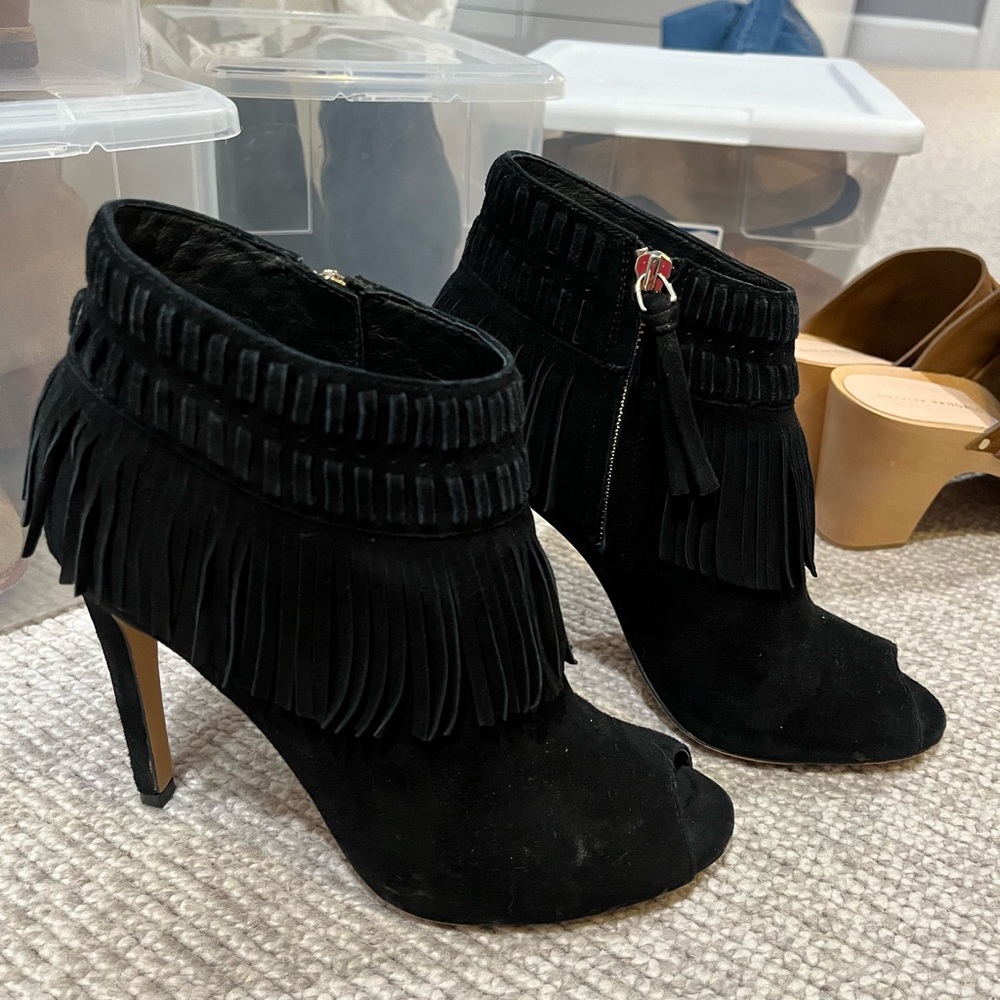 Rebecca Minkoff black suede open toe booties with fringe